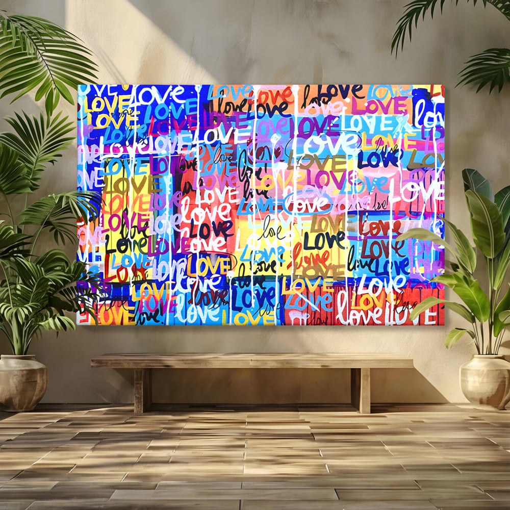 Tablou canvas cu tablou canvas cu graffiti colorat si cuvantul love, fara rama, pe sasiu de lemn